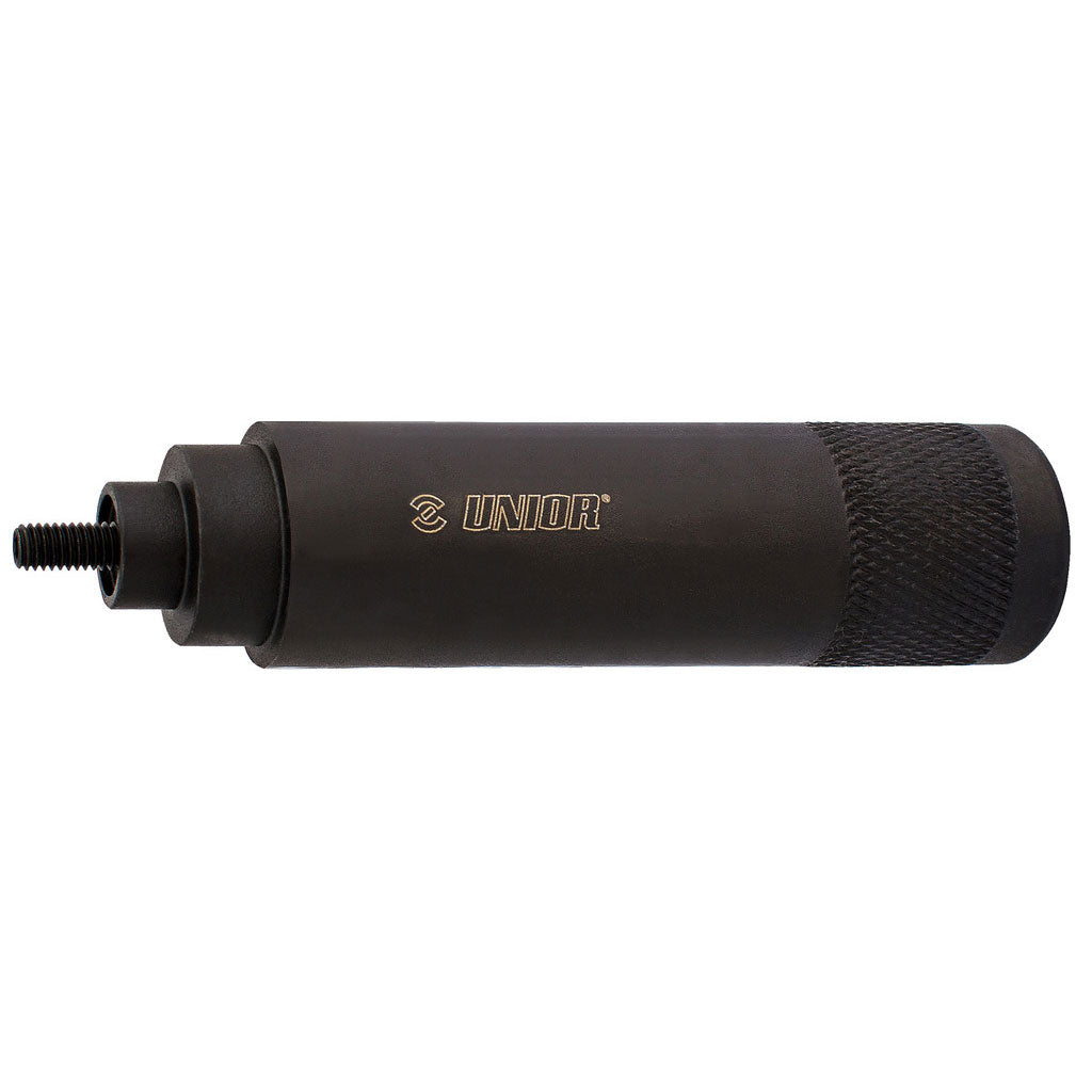 The Unior Threadless Star Nut Setter is a precision black cylindrical metal tool with a threaded tip and textured grip, perfect for those who value quality tools, making star nut installation effortless.