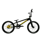 The Staystrong V5.1 Expert XL Disc Frame is a black and yellow BMX race frame featuring the "STAYSTRONG" branding on the frame, equipped with a BB86 bottom bracket for enhanced performance, designed to accommodate thick tires and a single gear setup, with geometry engineered for optimal BMX racing.