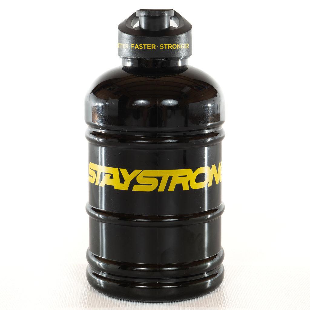 The Stay Strong Water Cannister 2.0 Litre, designed in sleek black, displays the motivational slogan "STAY STRONG" in bold yellow lettering. It includes a Y-shaped spout on the top and comes against a white background.