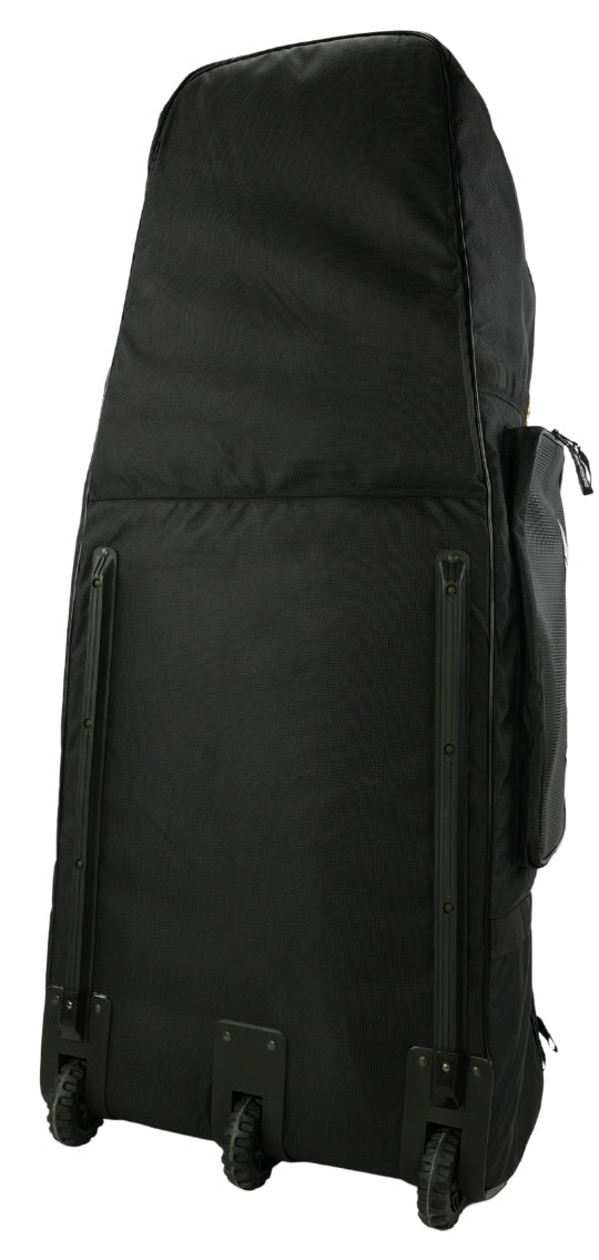 The Staystrong V4 Bike Bag, a large black cruiser wheel travel bag featuring two wheels and a zippered side pocket, is shown standing upright against a plain white background.