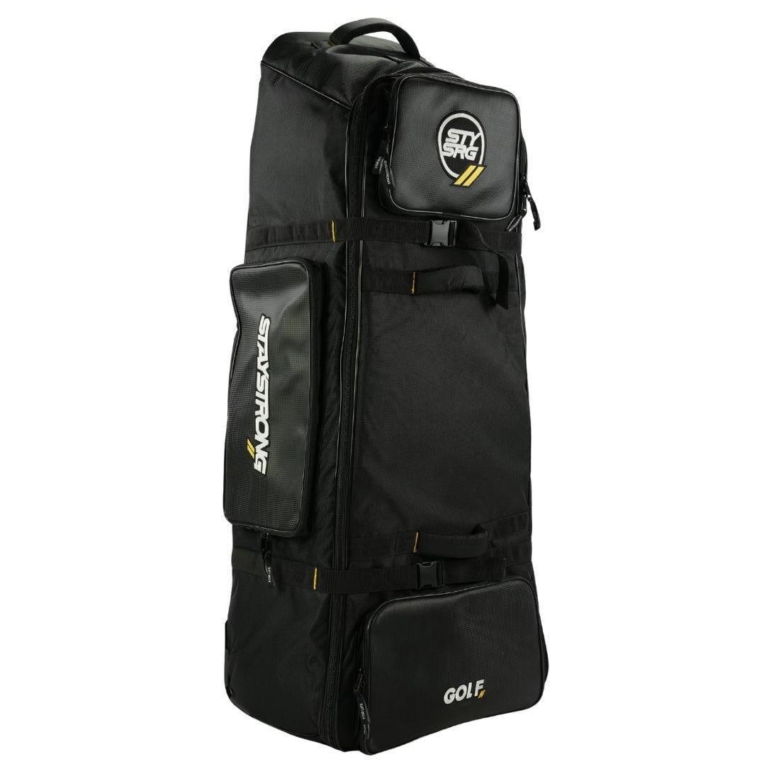 Large black rolling bike travel bag with multiple zippered compartments, carrying handle, and "Staystrong V4" logos visible on the exterior. Designed for versatility, this cruiser wheel bike bag ensures smooth mobility and reliable protection for your gear during every trip.