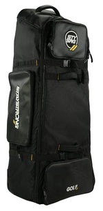 Large black rolling bike travel bag with multiple zippered compartments, carrying handle, and "Staystrong V4" logos visible on the exterior. Designed for versatility, this cruiser wheel bike bag ensures smooth mobility and reliable protection for your gear during every trip.