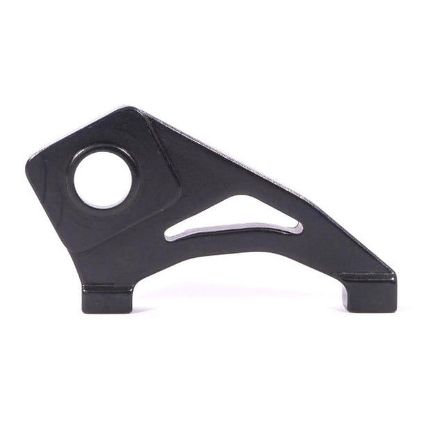 Staystrong Disc Brake Mount (V3 Frame) - Black metal bracket featuring an angled design, a large circular hole on one end, and a cut-out slot in the center. Designed as a disc brake mount for 120mm rotors and compatible with Stay Strong V3 frames. Shown photographed on a white background.