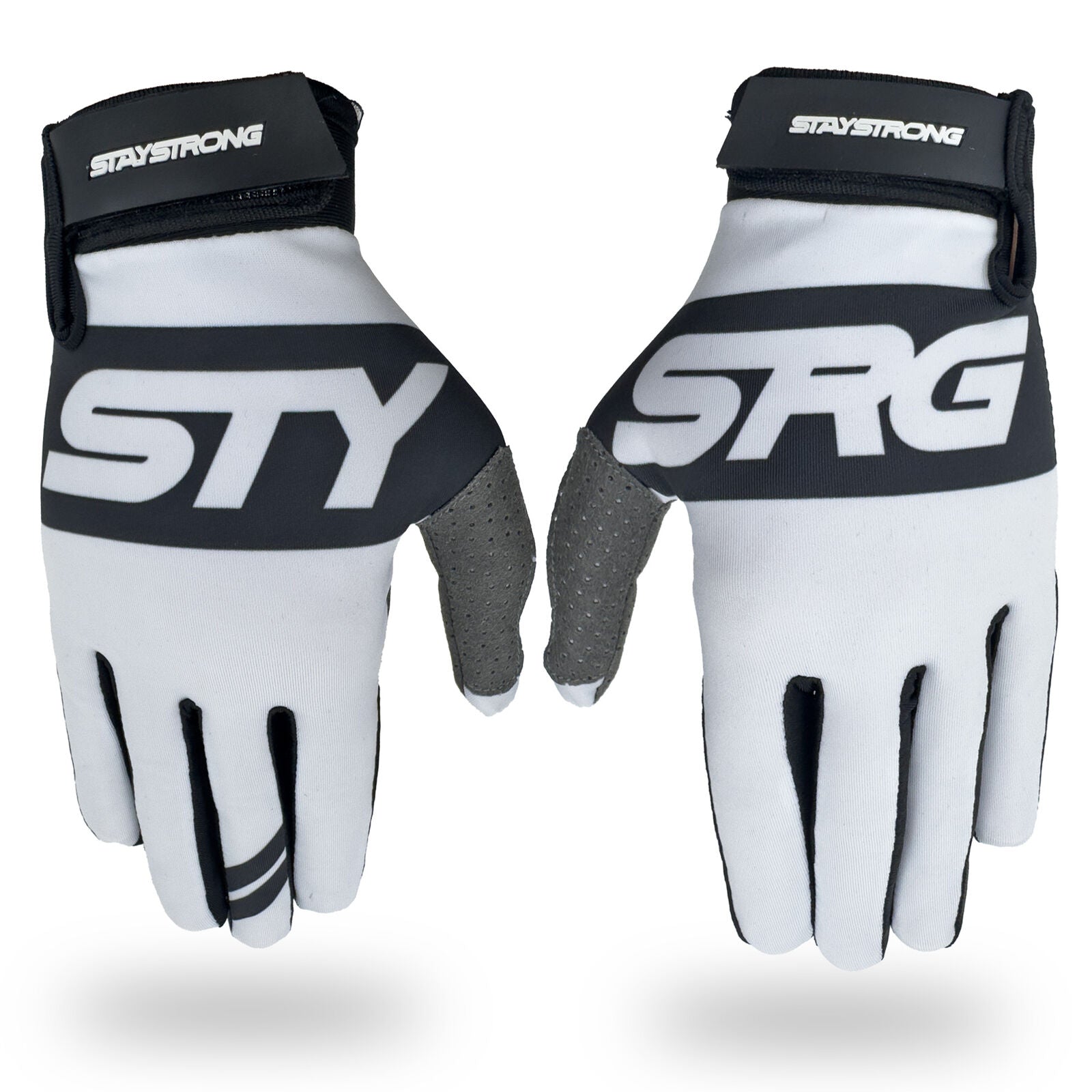 Introducing the Staystrong Glove Classic White: These cycling gloves feature a black, gray, and white design with “STAY STRONG” and “STRG” printed on the tops. Designed with Velcro wrist straps for a secure fit, these V5 gloves provide superior protection for both track training and road riding.