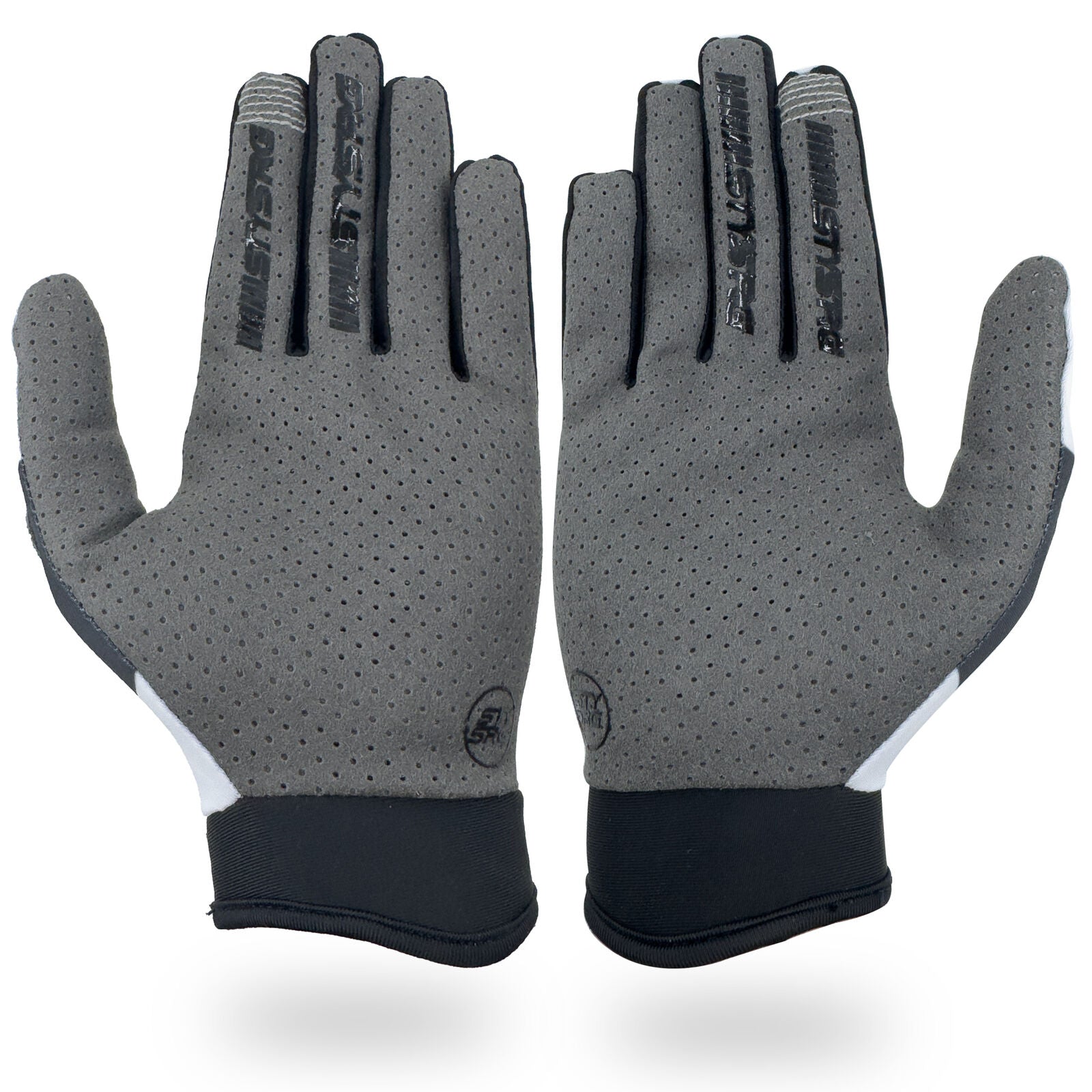 A pair of Staystrong Glove Classic White full-finger gloves in gray with black cuffs, white accents, and perforations for enhanced protection—shown palms forward on a white background and ideal for track use.