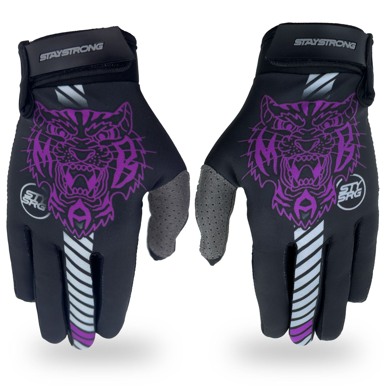 A pair of Staystrong Glove MAB Max Cairns Black bike gloves featuring black protective material, purple tiger face designs, white diagonal stripes, and “STAYSTRONG” branding on the wrist straps—these are the signature gloves of Max Cairns.