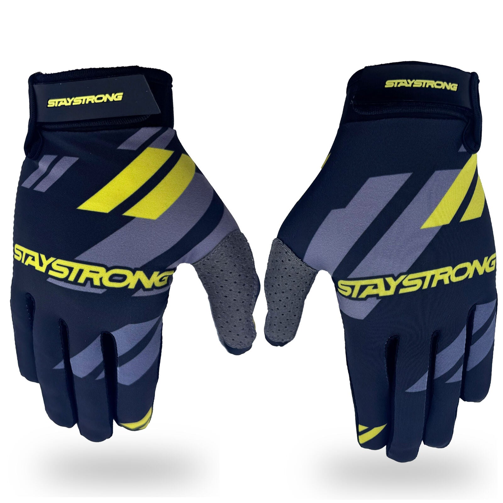 Staystrong Glove Multi Chevron: Black gloves featuring yellow and gray chevron stripes, “STAYSTRONG” branding on the wrist and back, plus gray textured material on the thumb and index finger areas for enhanced palm protection. Available in both adult and kid’s sizes.
