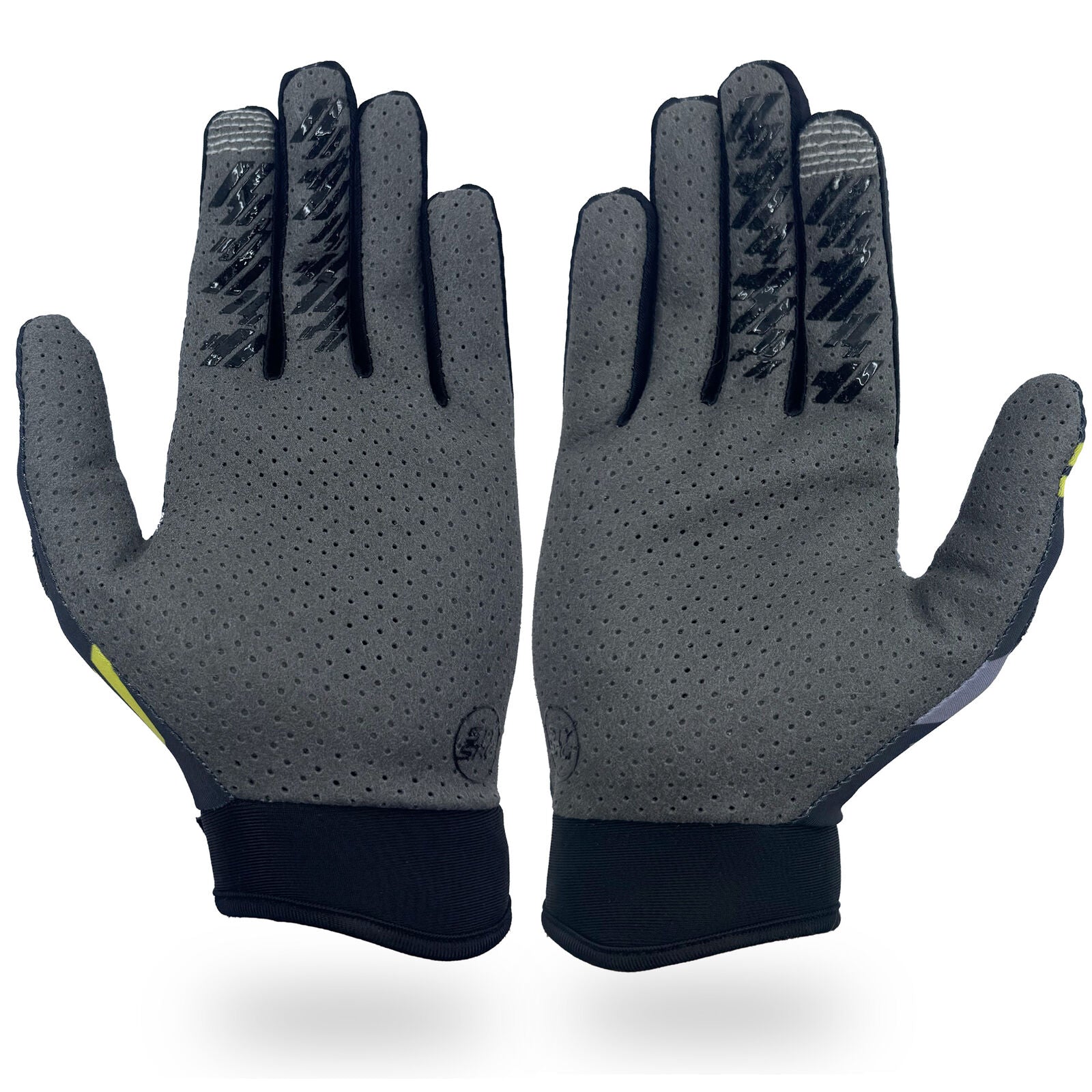A pair of Staystrong Glove Multi Chevron in gray, featuring a perforated design with black textured tips and black cuffs for palm protection, displayed palm side up on a white background. Offered in both adult and kid’s sizes.