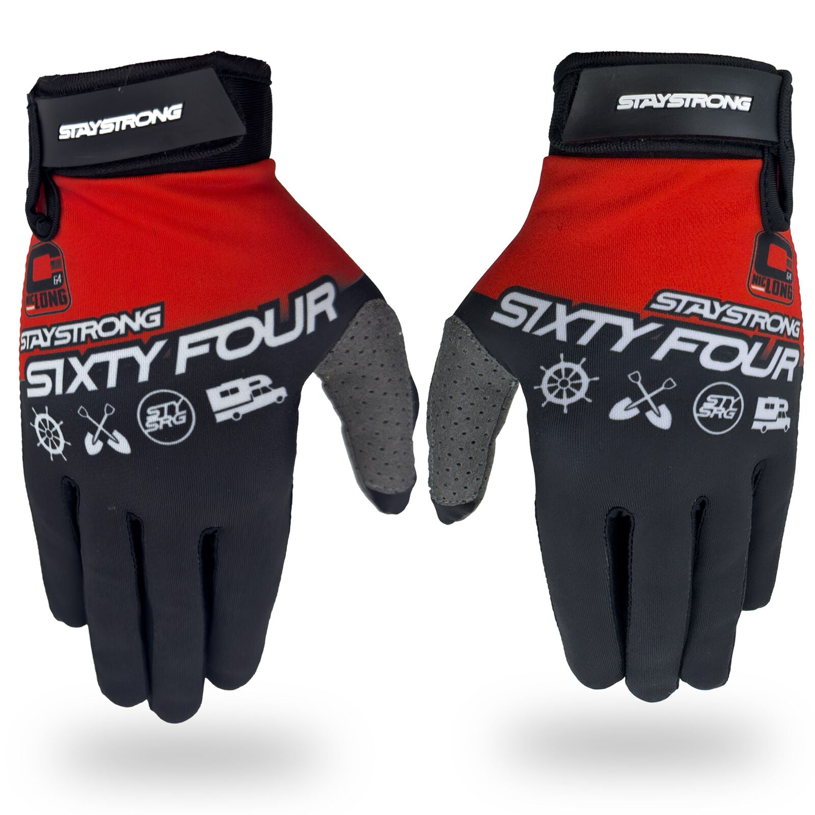 Staystrong Glove Nick Captain Long: Red and black track gloves featuring “SIXTY FOUR” and “STAY STRONG” text, gray fingertips, and assorted white icons on the backs, available in both adult and kid’s sizes.