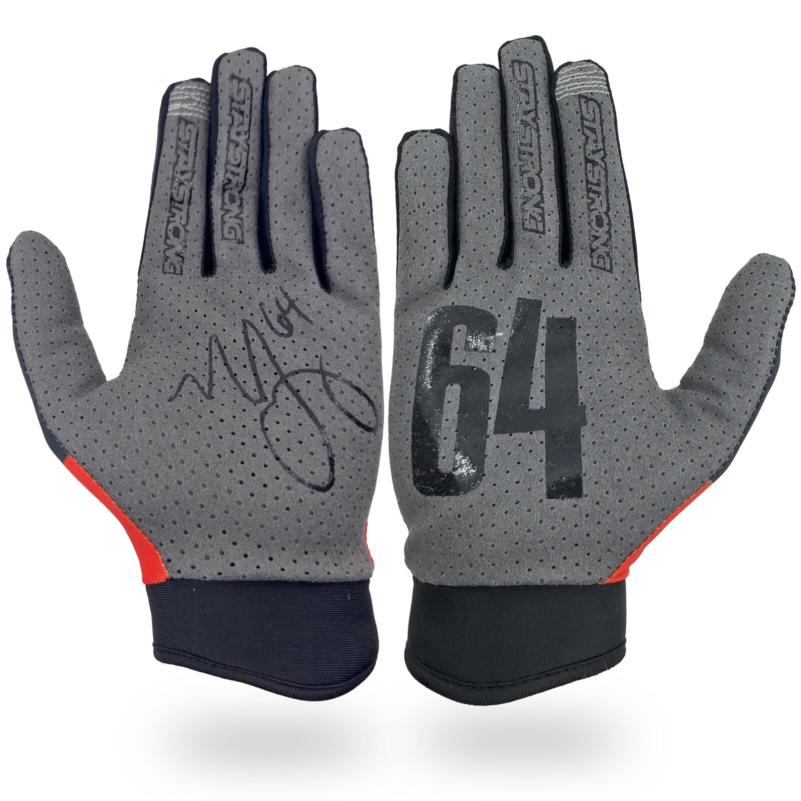 The Staystrong Glove Nick Captain Long is a pair of gray sports gloves with black accents—one glove features an autograph, while the other showcases the number 64 printed in black. These versatile track gloves are available in both adult and kid’s sizes, providing athletes of all ages with comfort and style.