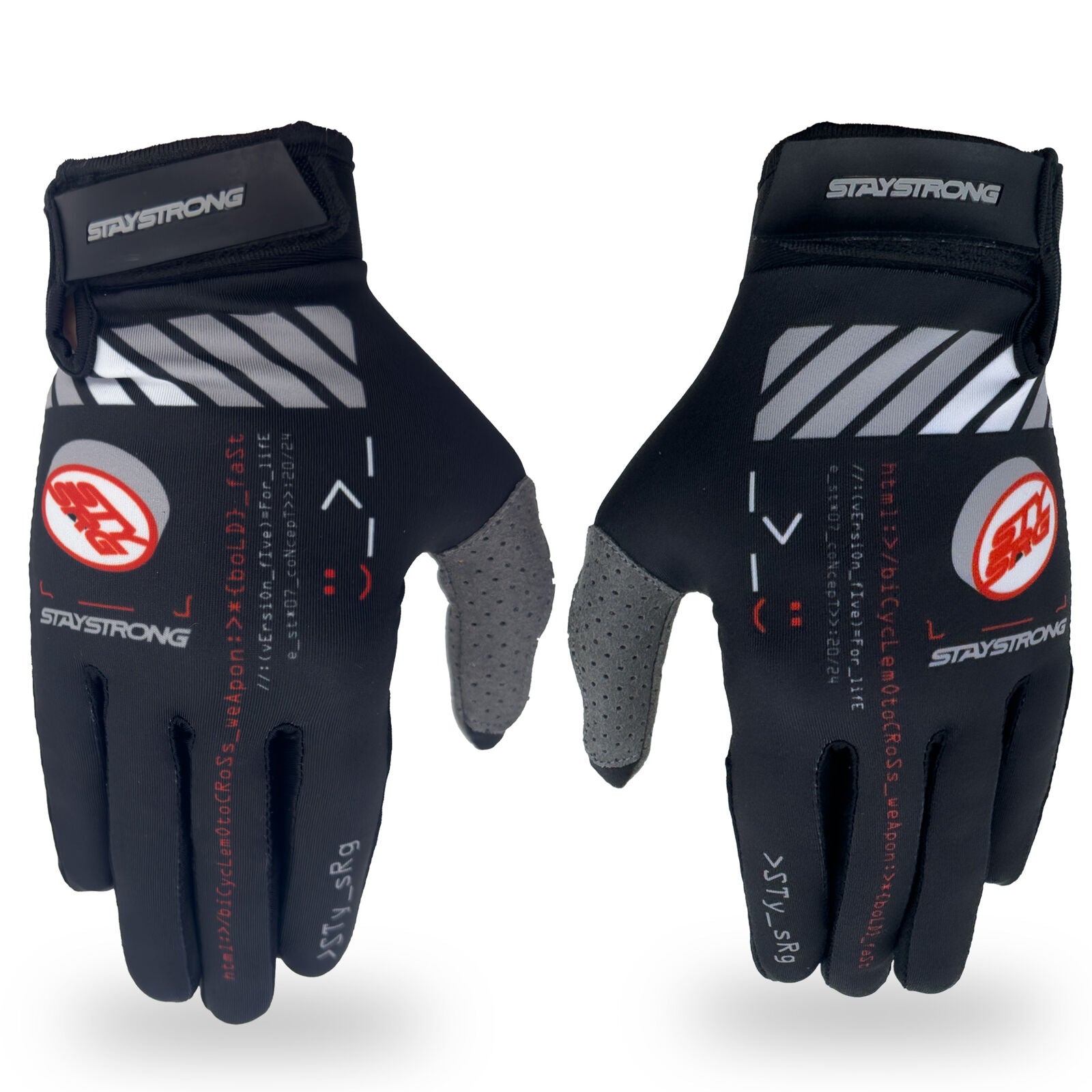 The Staystrong Glove V5 is a pair of black cycling gloves with grey palms, designed for excellent palm protection. They feature white and red printed text along with “STAY STRONG” branding on the wrist straps, and are available in both adult and children’s sizes.