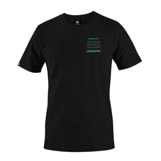 Staystrong V5.1 T-Shirt in black featuring a minimalistic design with short sleeves and a round neck. Small turquoise and gray text accents the left chest area, making it the perfect choice for anyone looking to update their collection with the latest tee from their favourite brand.