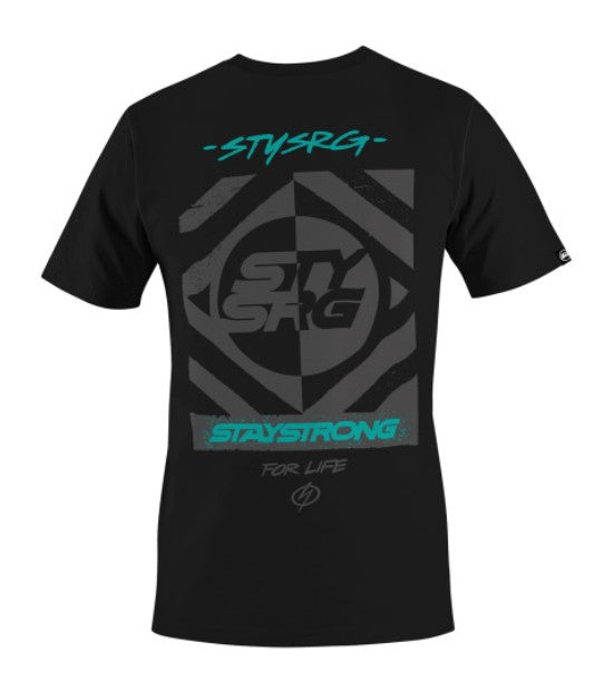 Meet your latest tee from your favourite brand: the Staystrong V5.1 T-Shirt—a black t-shirt featuring a geometric graphic with “STYSRG” and “STAYSTRONG FOR LIFE” text in teal and gray on the back.