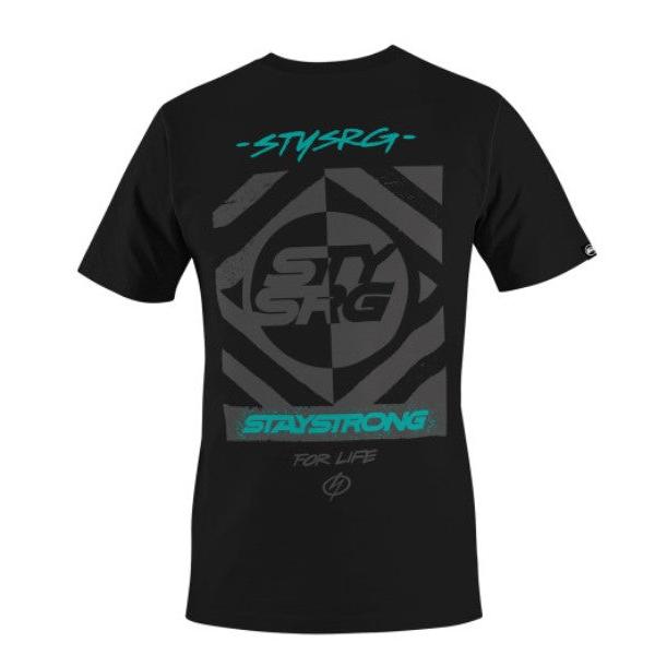 Meet your latest tee from your favourite brand: the Staystrong V5.1 T-Shirt—a black t-shirt featuring a geometric graphic with “STYSRG” and “STAYSTRONG FOR LIFE” text in teal and gray on the back.
