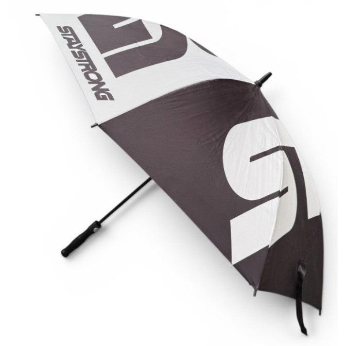 The Staystrong Umbrella is a black and white, golf-sized umbrella featuring large stylized letters and the word “BRIDGESTONE” printed along one edge. Designed for rainy race days, it has a black handle and is shown partially open.