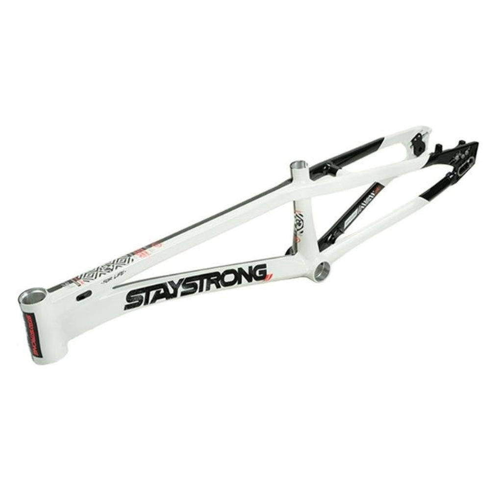 The Staystrong V5.1 Expert XL Disc Frame is a white and black BMX race frame with bold "STAY STRONG" branding along the downtube, designed with race geometry and a BB86 bottom bracket, shown against a plain background.