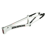 The Staystrong V5.1 Expert XL Disc Frame is a white and black BMX race frame with bold "STAY STRONG" branding along the downtube, designed with race geometry and a BB86 bottom bracket, shown against a plain background.