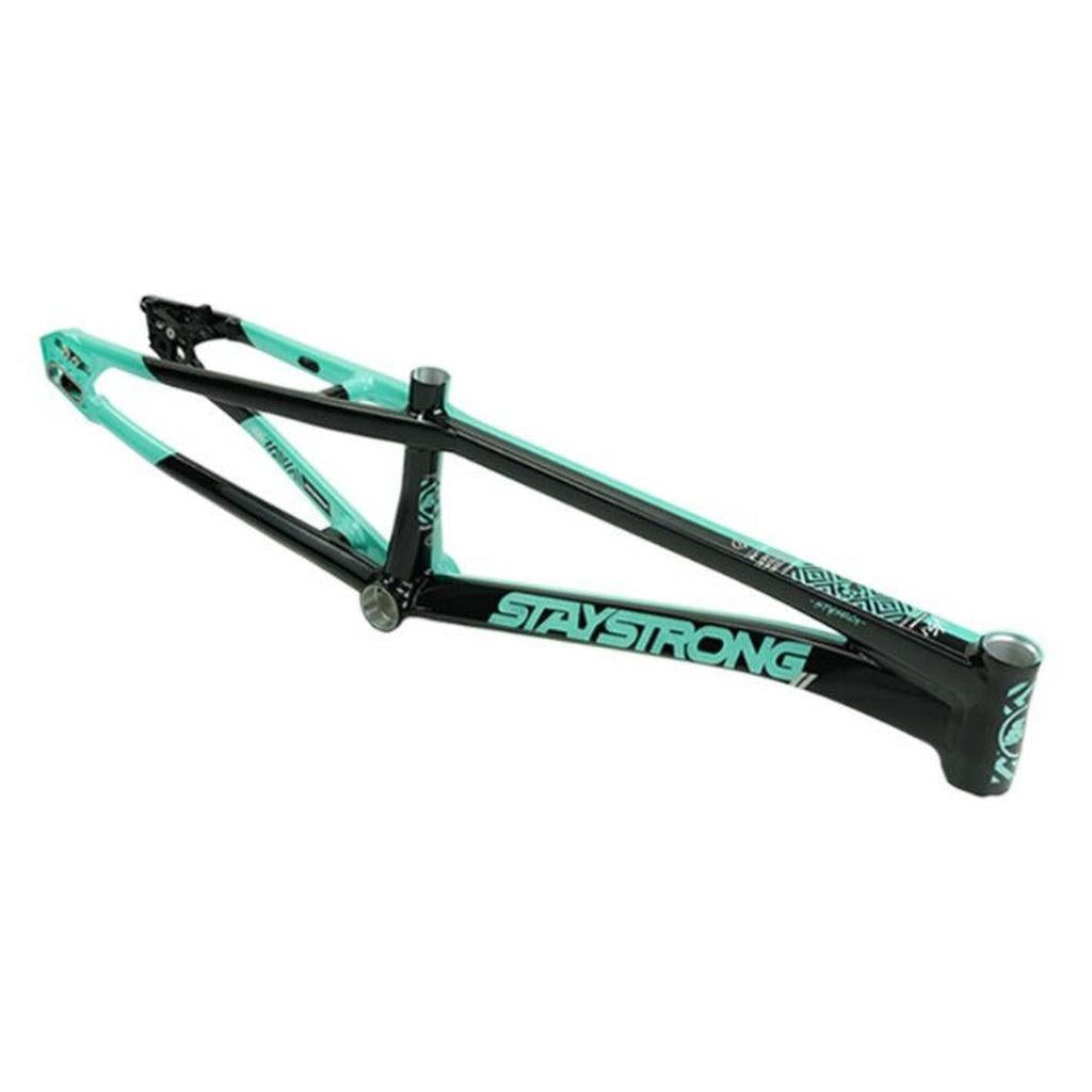The Staystrong V5.1 Pro XL Disc Frame is a black and turquoise BMX race frame with bold "STAYSTRONG" lettering on the side, highlighted by geometric patterns and streamlined race geometry. This model is sold as a frame only—wheels, seat, and handlebars are not included.