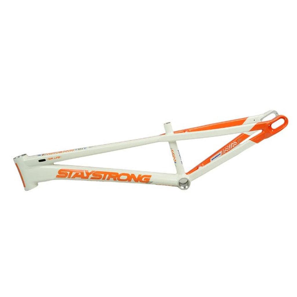 White and orange Staystrong V5.1 Junior Disc Frame BMX race frame, featuring race geometry and "STAY STRONG" prominently displayed in bold letters, shown against a plain background.