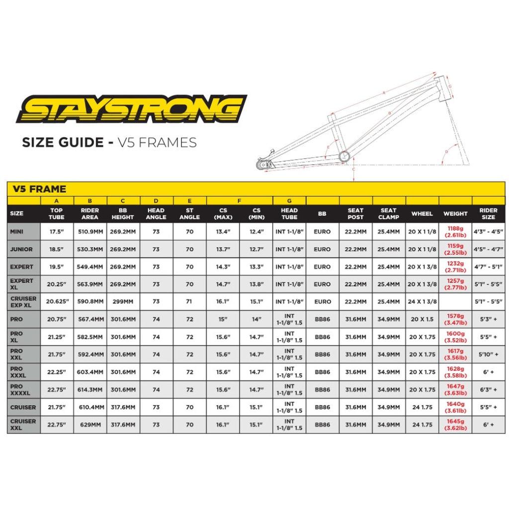 Chart showing StayStrong V5.1 Expert XL Disc BMX race frame size guide with measurements for top tube, head angle, seat angle, chainstay, BB86 bottom bracket, seat post, wheel size, weight, and recommended rider size—ideal for riders seeking precise race geometry.