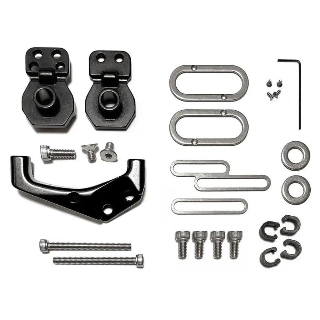 Staystrong V5 Dropout disc Hanger Kit components—including assorted metal fasteners, brackets, screws, washers, and a 10mm dropout replacement—arranged neatly on a white background.