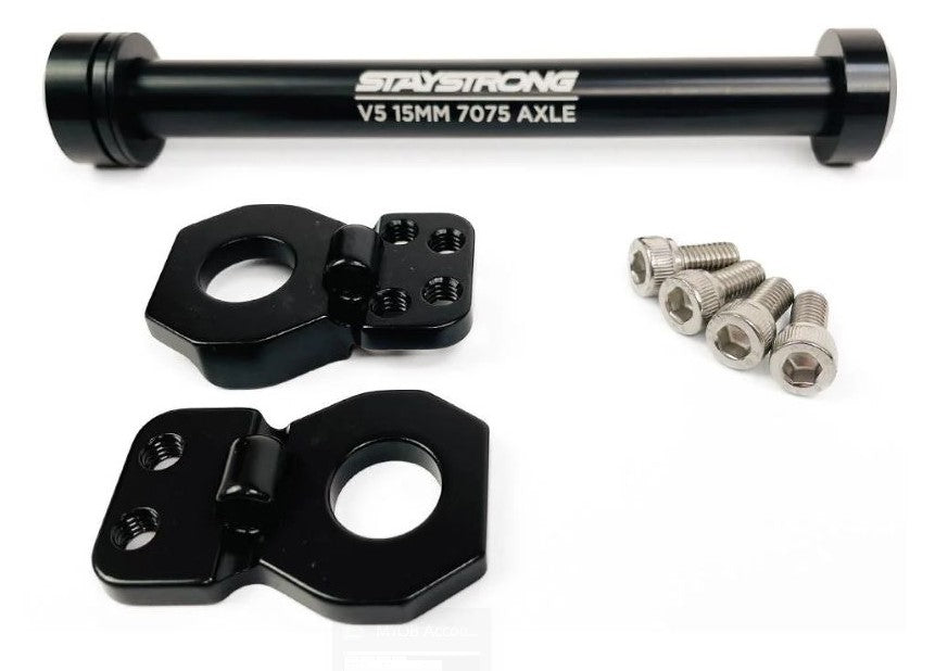 Staystrong V5 15mm Dropout and Axle Kit, featuring a black 7075 axle, two black mounting brackets, and four silver bolts arranged on a white background—perfect as a replacement dropout for your Staystrong V5 bike with a 15mm through axle.