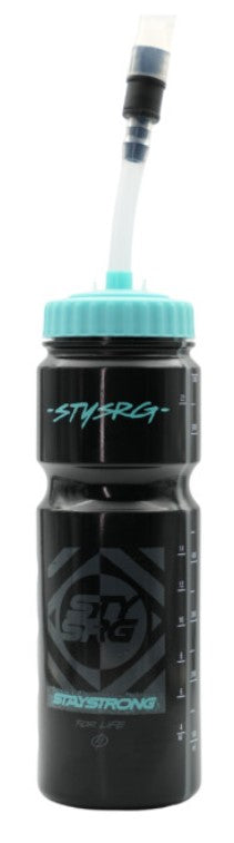 Black StayStrong Water Bottles With Straw featuring a light blue cap and an extended straw for rehydrating.