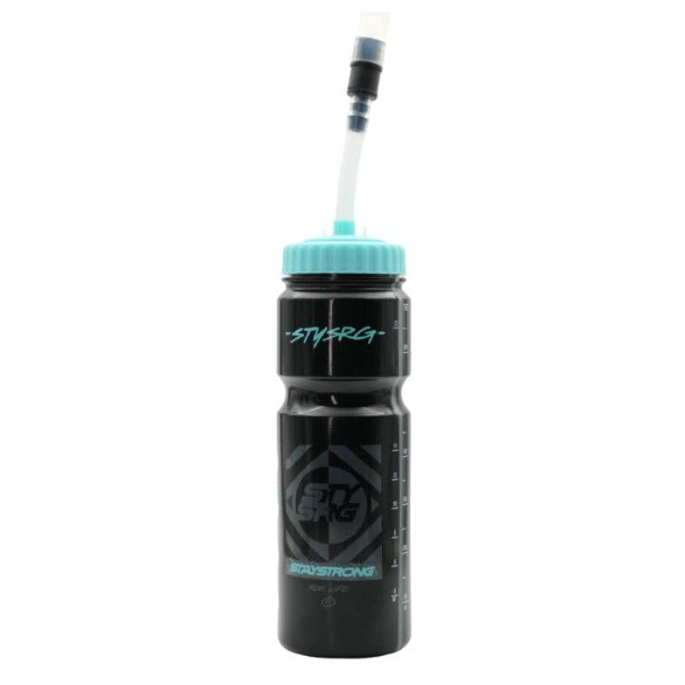 Black StayStrong Water Bottles With Straw featuring a light blue cap and an extended straw for rehydrating.