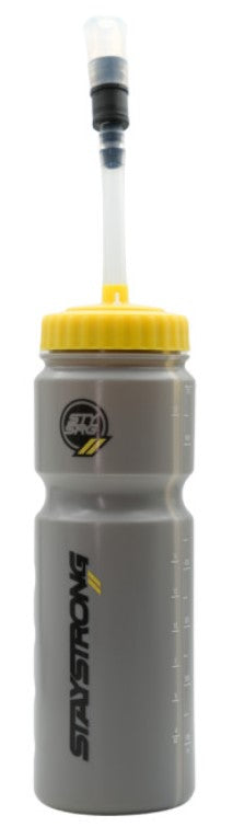 Gray plastic StayStrong Water Bottles With Straw featuring a yellow screw-top lid and a long straw for rehydrating during training.