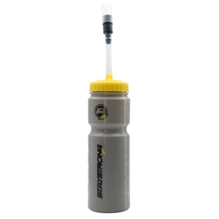Gray plastic StayStrong Water Bottles With Straw featuring a yellow screw-top lid and a long straw for rehydrating during training.