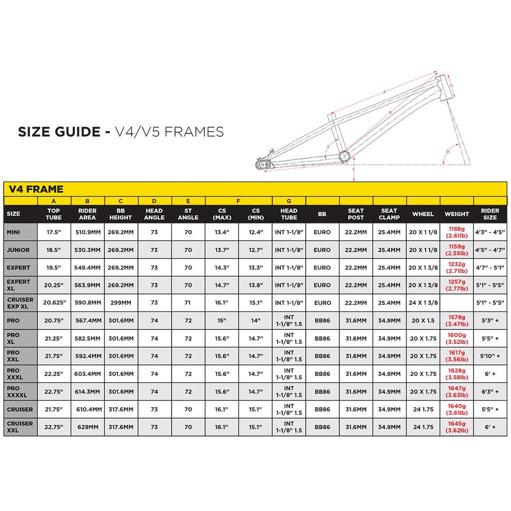 Size guide chart for Staystrong V5 Disc Pro Cruiser Frame, featuring dimensions, recommended rider sizes, and weights for various aluminium race frame sizes such as Mini, Junior, Expert, Pro, and Cruiser. Includes a frame diagram with 6061 alloy tubing.
