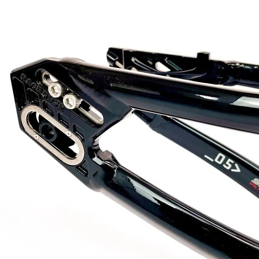 Close-up of the Staystrong V5 Disc Pro XXL Cruiser Frame’s black aluminum rear dropout featuring mounting holes, disc brake mounts, and silver hardware.