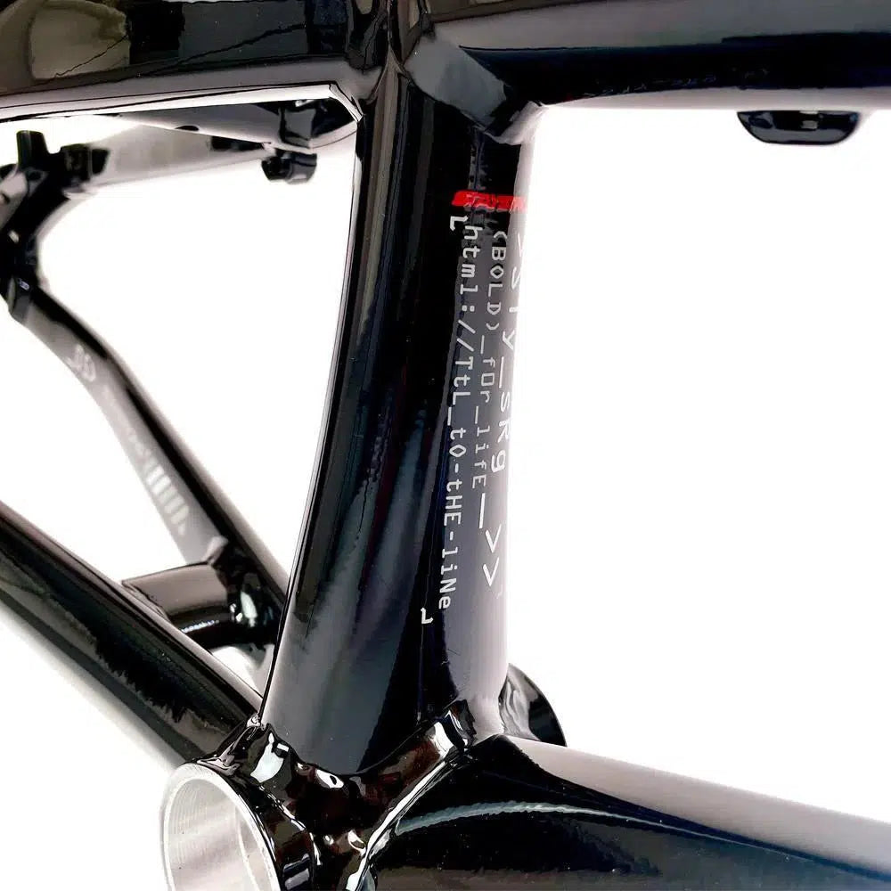 Close-up of the Staystrong V5 Disc Pro XXL Cruiser Frame: a black aluminium race frame with white specs on the tube, equipped with a disc brake, shown against a plain white background.