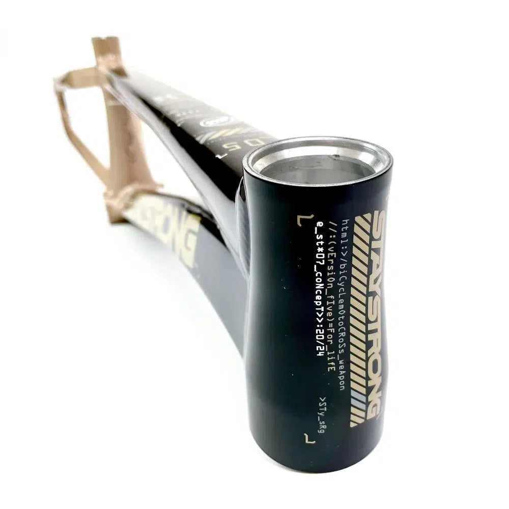 A close-up of the Staystrong V5 Disc Pro XXL Cruiser Frame in black and gold, showing visible branding, a serial number near the head tube, and an optional disc brake mount.