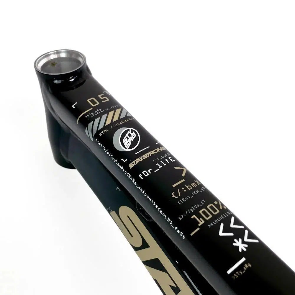 Close-up of a black Staystrong V5 Disc Pro XXL Cruiser Frame fork, designed for an aluminum race frame, featuring technical graphics, labels, and measurements printed in white and gold on the surface.