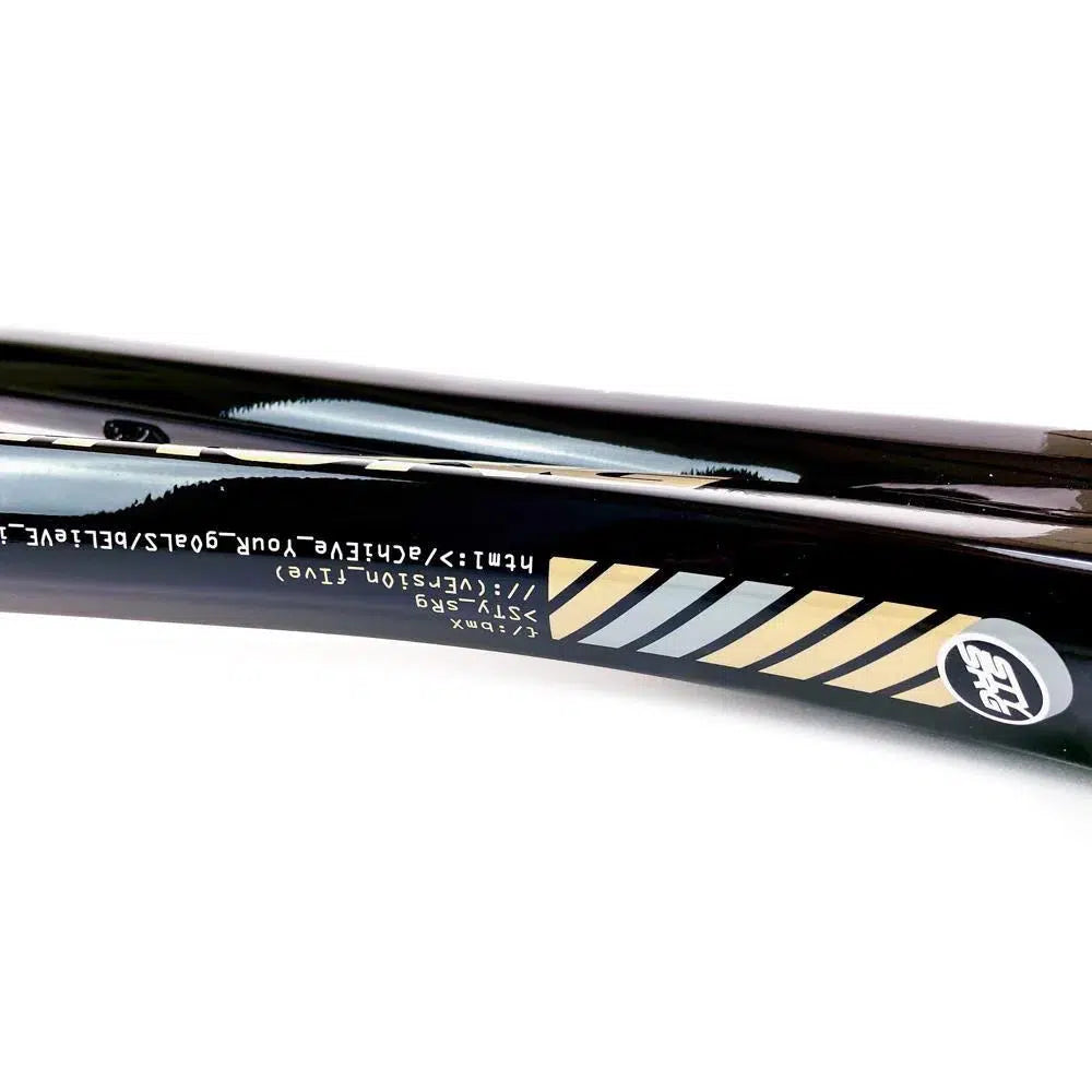 Close-up of a black BMX rim with technical specs and diagonal colored stripes, designed to match the Staystrong V5 Disc Pro XXL Cruiser Frame and disc brake setup.