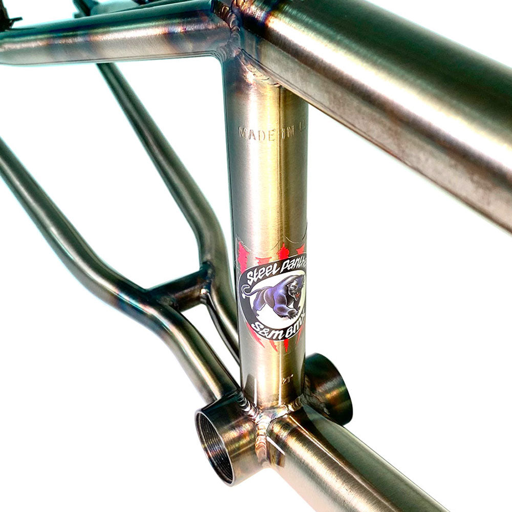 A close up of a S&M Steel Panther Frame with chain clearance and the logo of American Steel Panther.