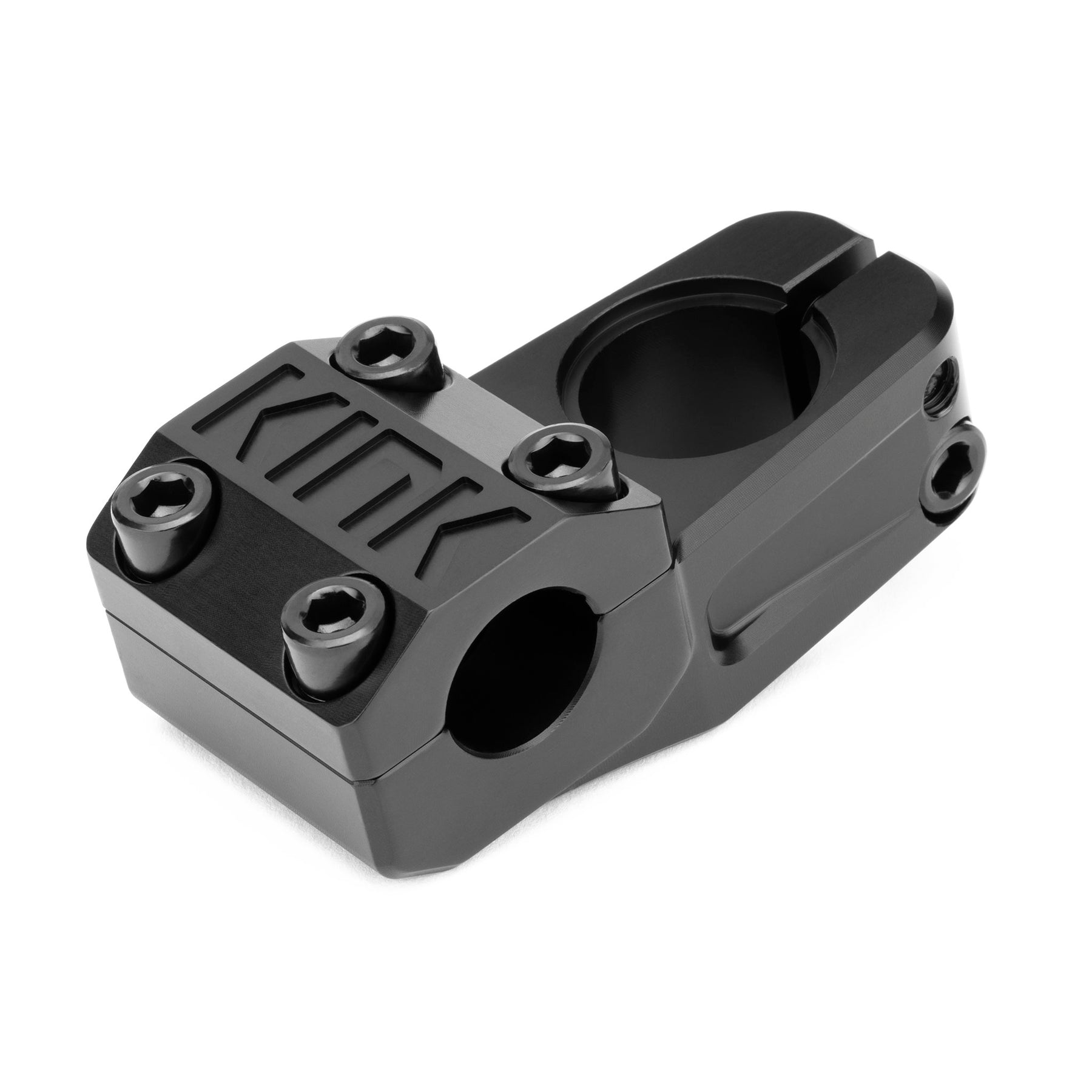The Kink Gavel Stem is a black metal topload BMX stem featuring four front bolt holes and "KINK" CNC machined on top—perfect for BMX bikes.