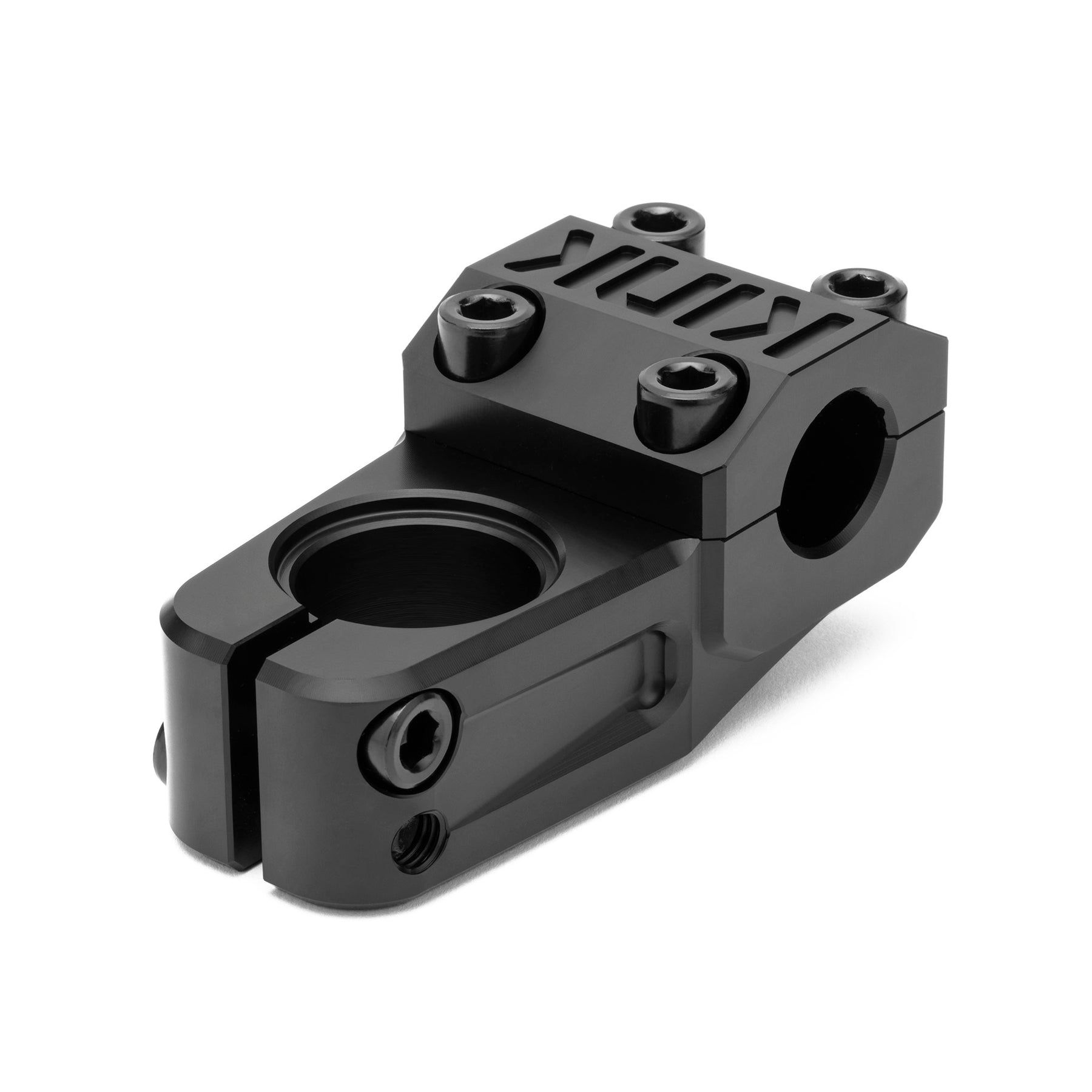 Kink Gavel Stem: black CNC machined BMX stem with four top bolt holes and a clamp for securing handlebars, shown on a white background.