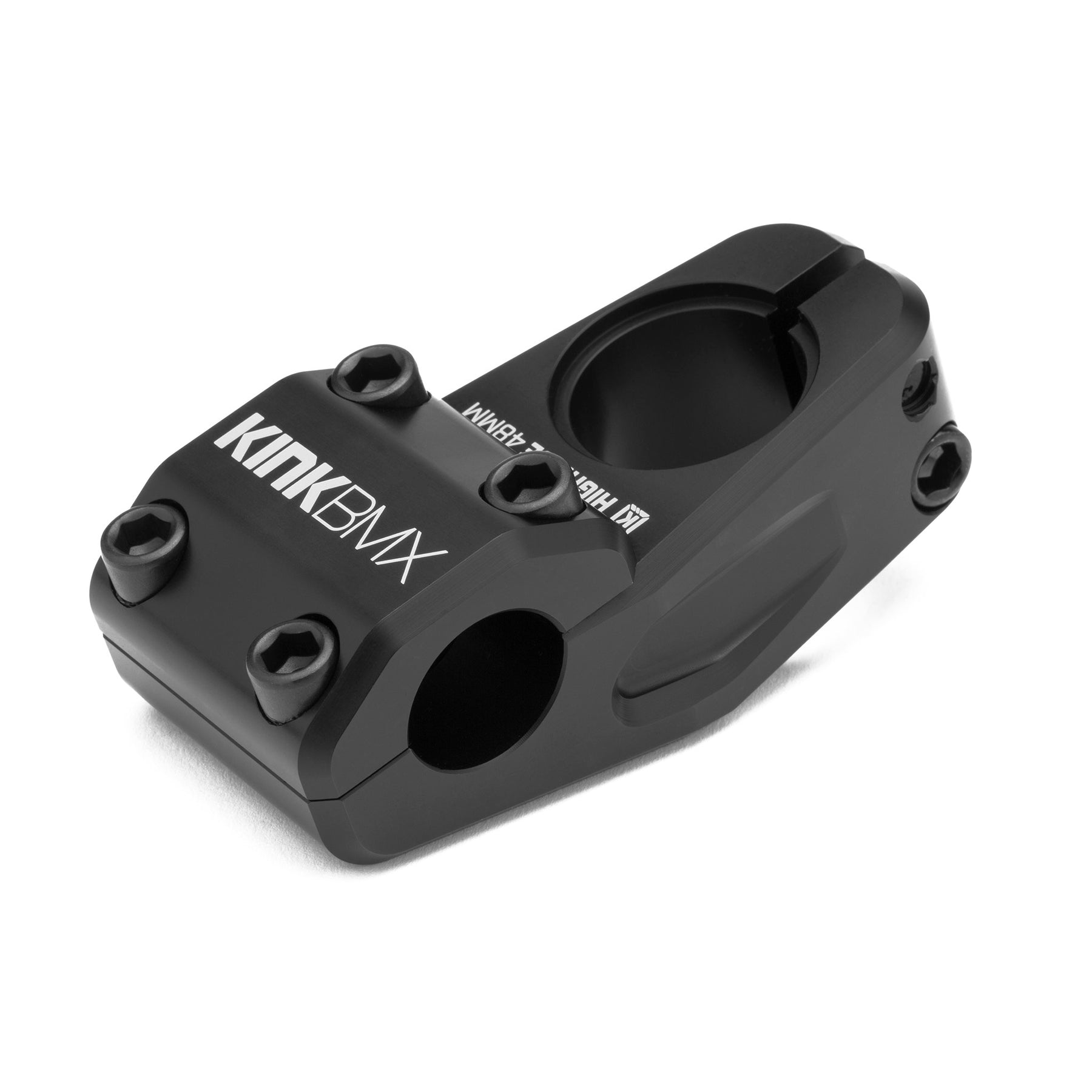 The Kink Highrise Stem is a durable black BMX topload stem featuring six bolts and bold white "KINK BMX" branding on the front.