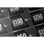 Multiple black and white Store Credit digital gift vouchers from luxmax.com, each displaying different amounts, including $100 and $250.