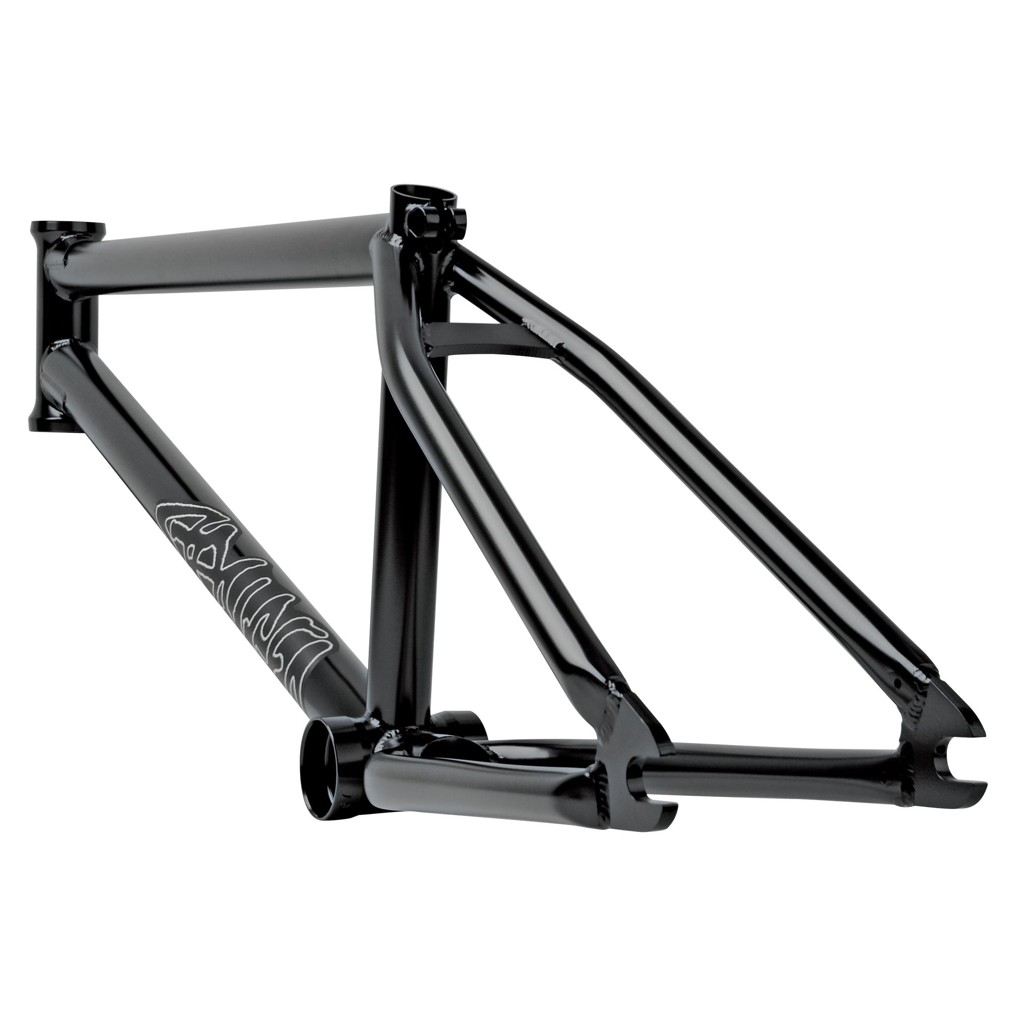 Image of a black Stranger Royale Frame with a geometric design on the down tube, crafted from durable Japanese Chromoly tubing and shown against a plain black background. This Eric Lichtenberger signature model features integrated chain tensioners for added performance.