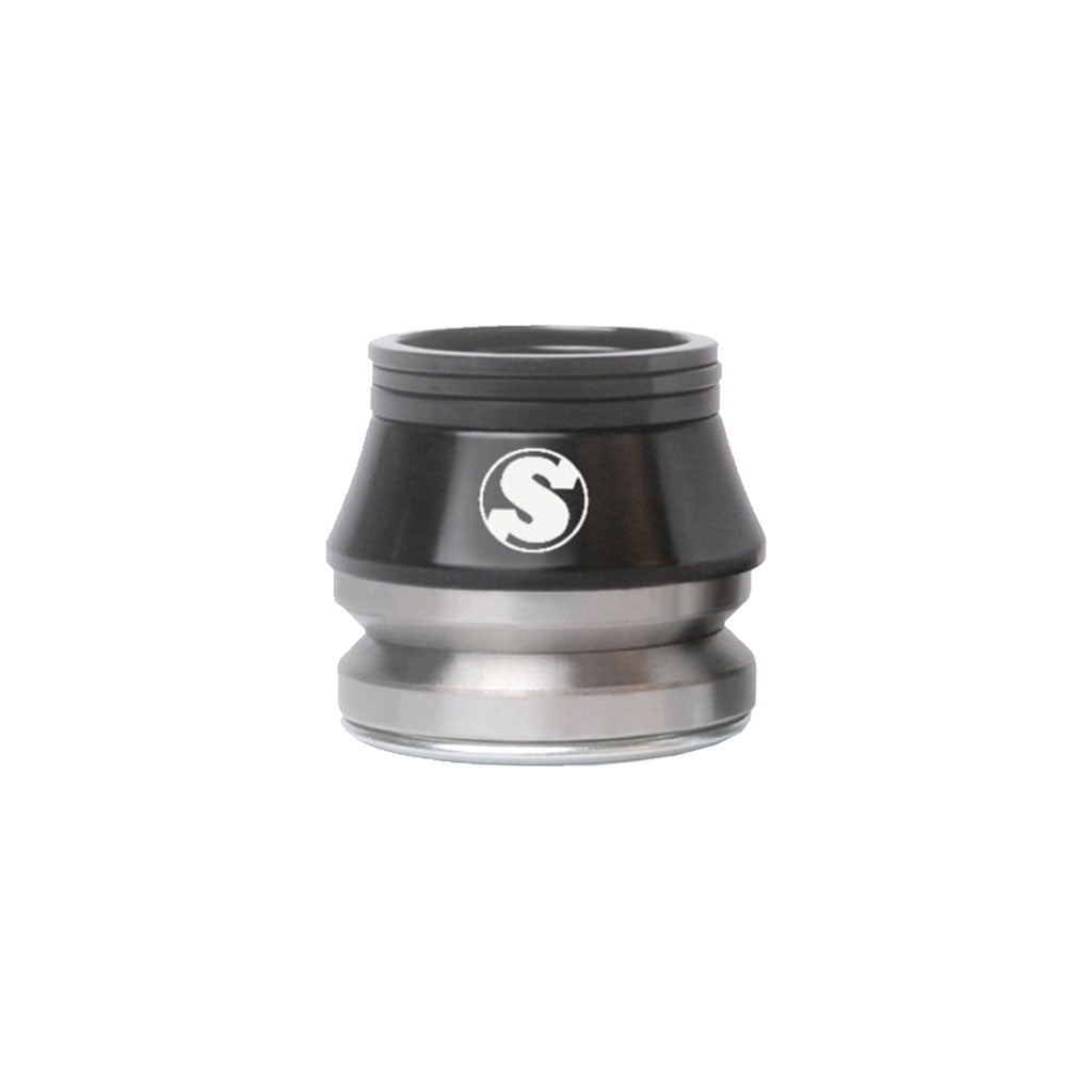 A black and silver Sunday conical Integrated Headset with the letter s on it, featuring a laser etched logo.