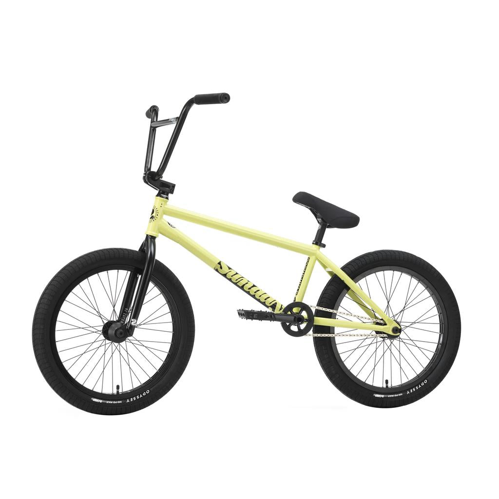 The Sunday Soundwave Special Bike (2025) is shown in yellow and black with thick tires, padded seat, high handlebars, Odyssey parts, and comes with the 41-Thermal® Lifetime Warranty for peace of mind. Displayed on a white background.