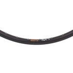 Close-up of a Sun ICI-1 24 x 1-1/8" 36H (520mm) Black double wall bicycle rim segment with multiple spoke holes and a "DESIGNED IN USA" label, ideal for 24 inch BMX setups.