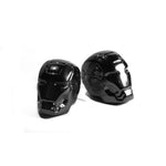 Two black, glossy Superhero Valve Caps (Pair), shaped like Iron Man helmets, are displayed side by side on a white background—ideal for adding a unique touch to your car accessories.