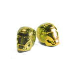 A pair of Superhero Valve Caps, shaped like small, shiny, gold Iron Man helmets, are shown side by side on a white background—perfect as unique accessories for your vehicle or rig.