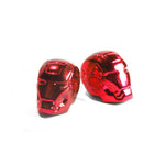 A pair of Superhero Valve Caps, small and shiny red in the shape of Iron Man helmets, are displayed on a white background, offering a unique upgrade to your car's accessories.