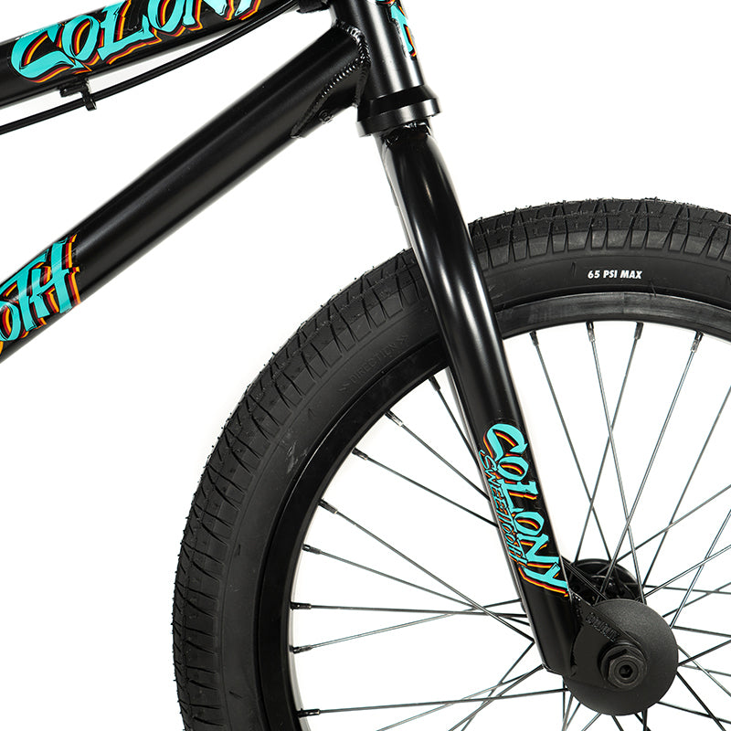 A black high-end Colony Sweet Tooth Pro 18 Inch BMX Bike with the word Colt on it.