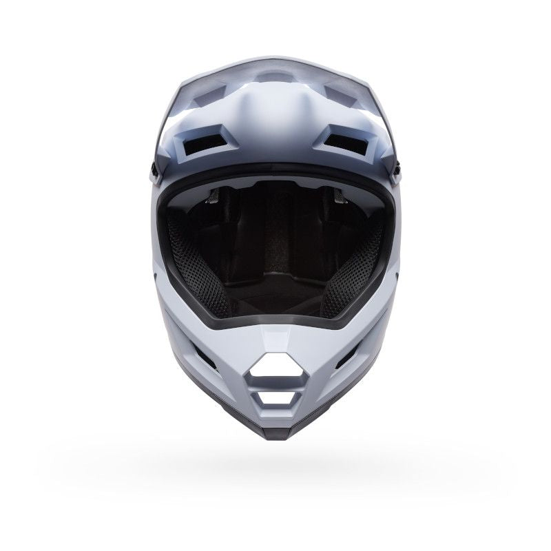 Front view of the Bell Sanction 2 White, a white and black entry-level full-face helmet with multiple vents, shown against a white background.